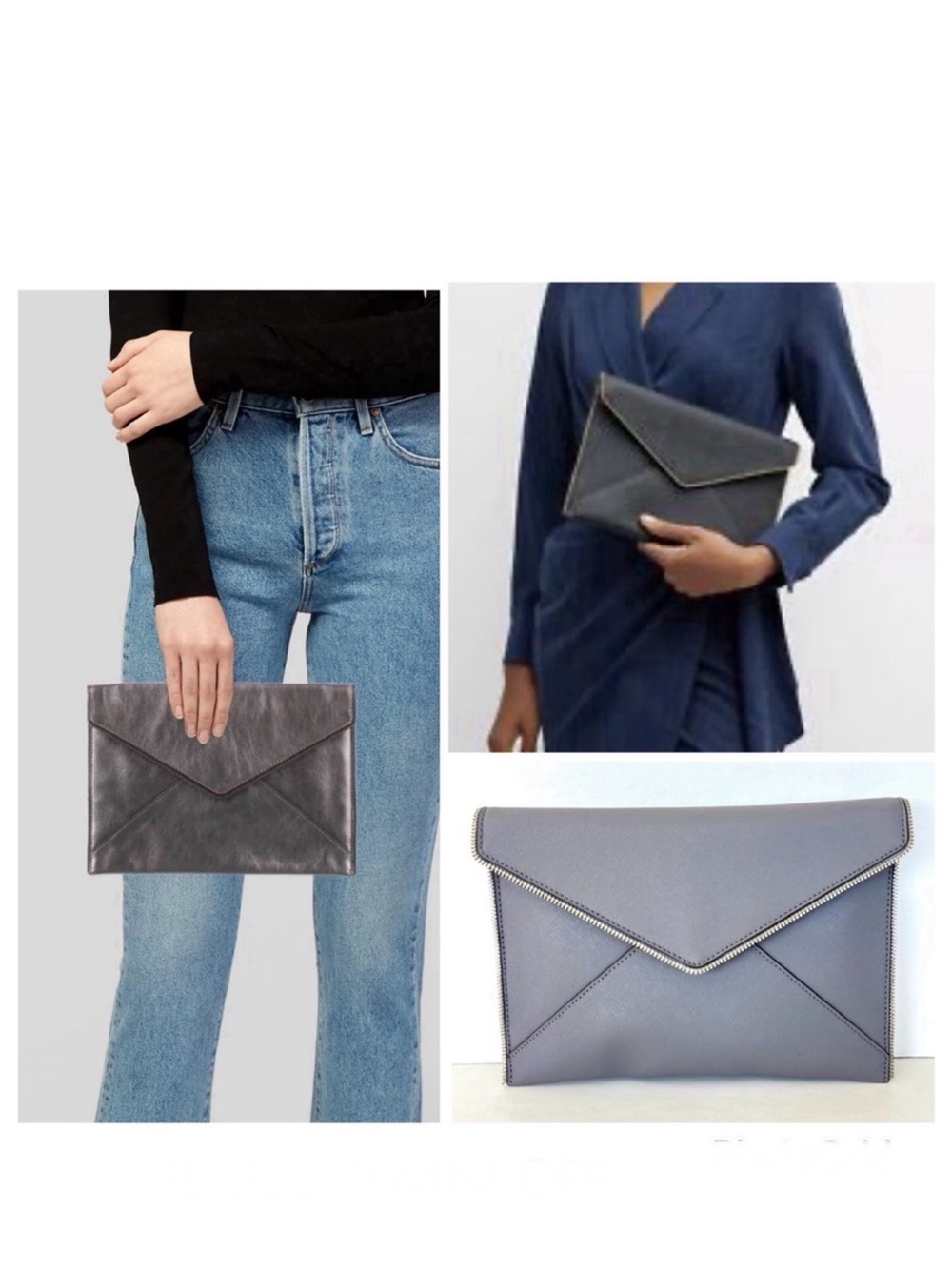 REBECCA MINKOFF Leo Gray Safiano Structure Leather Zipper Accent Envelope Clutch